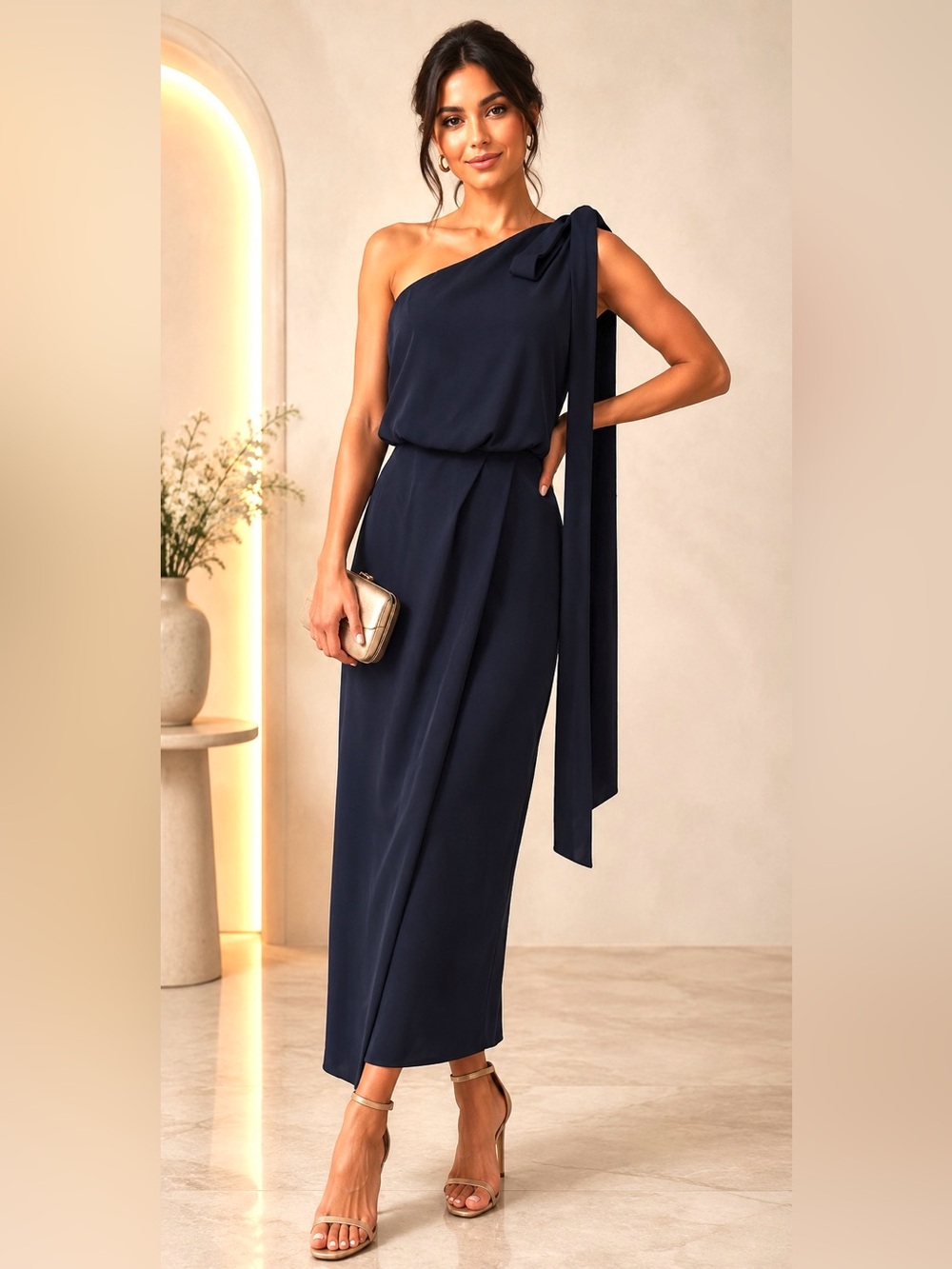 AMYLYNN Navy Blue One Shoulder Midi Dress Size S